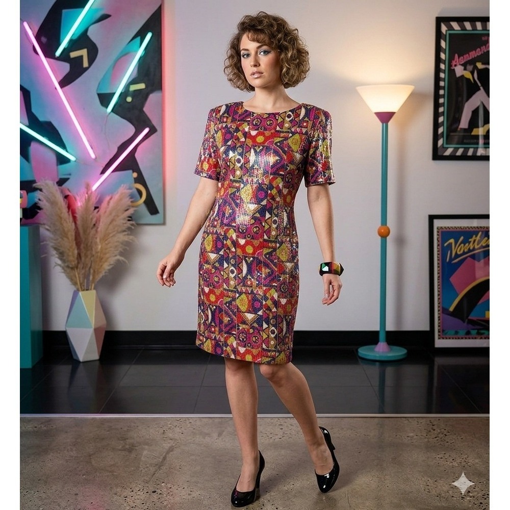 VTG 80s ET AL Sequin Dress Womens 6 Multicolor Geometric Art Deco Made in USA‎